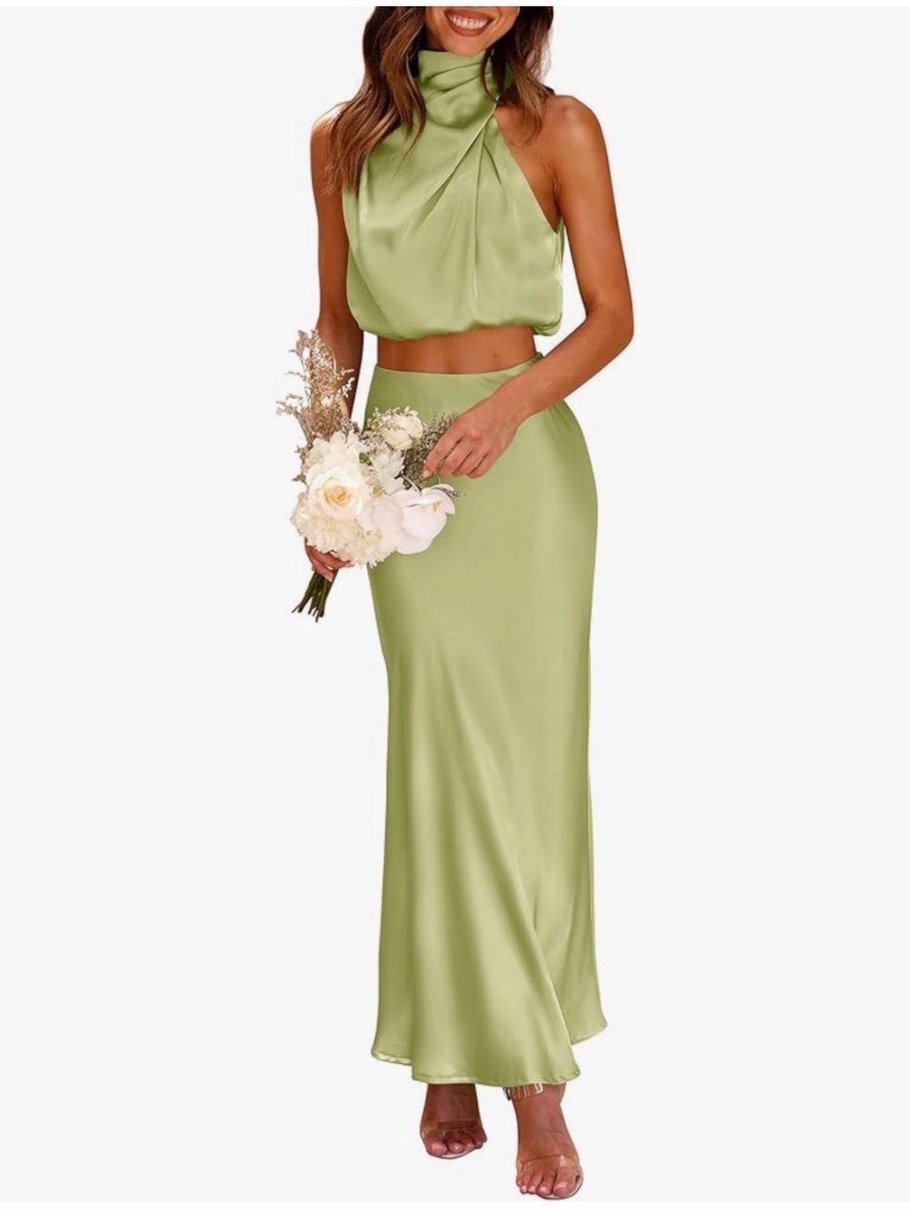 Satin Two-Piece Maxi Dress in Light Olive